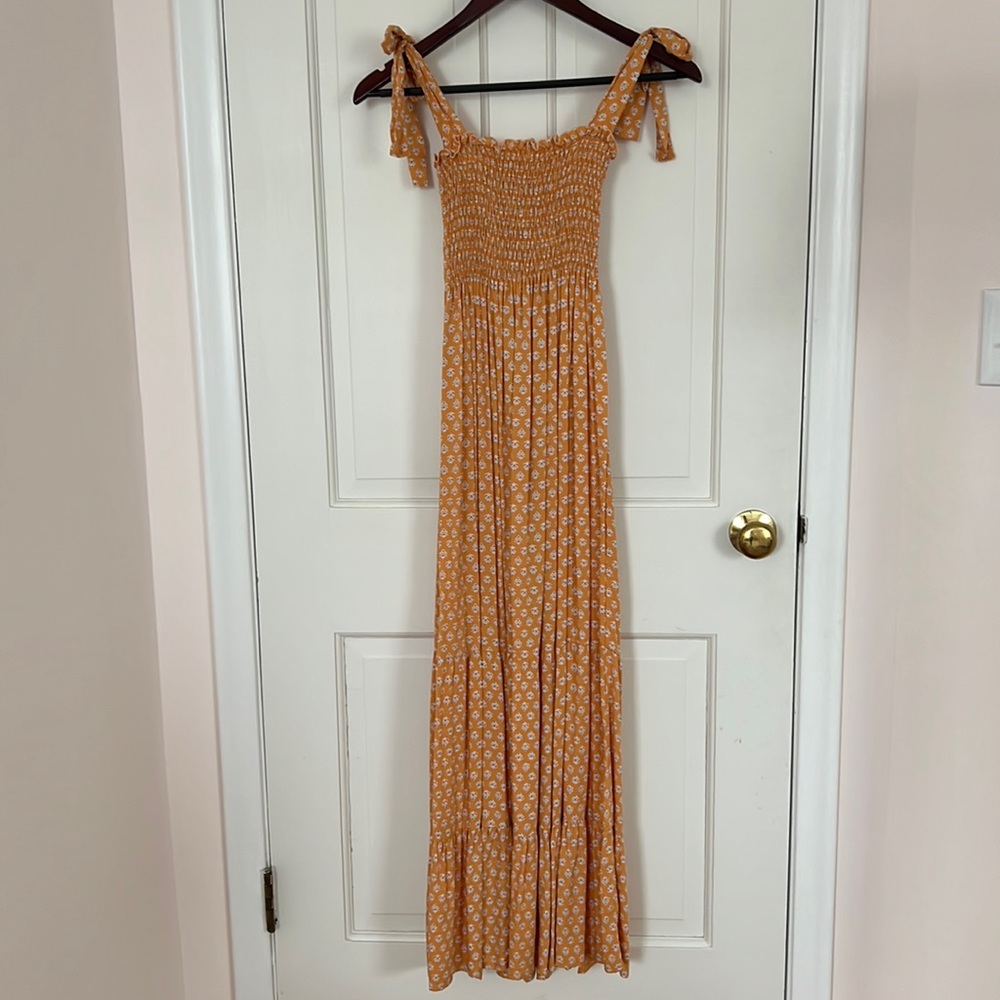 Beachgold smocked maxi dress with tie shoulders